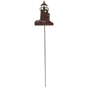 Lighthouse Rusted Garden Stake featuring a rustic metal lighthouse silhouette on a long stake, ideal for outdoor lawn or garden decor.