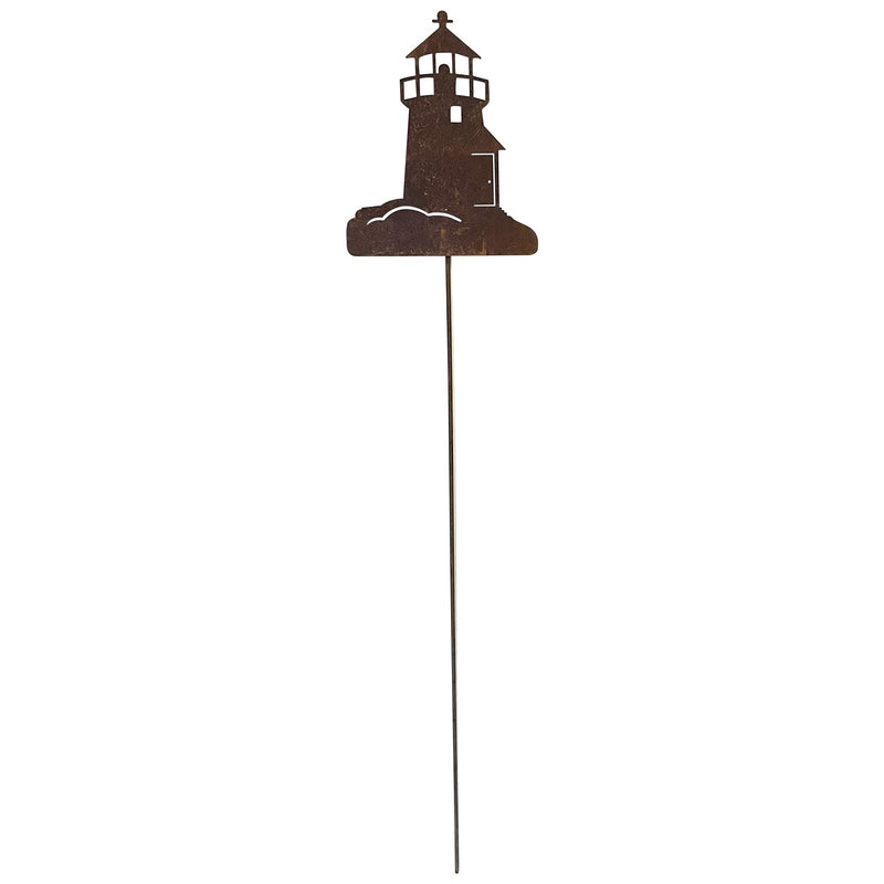 Lighthouse Rusted Garden Stake featuring a rustic metal lighthouse silhouette on a long stake, ideal for outdoor lawn or garden decor.