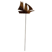 Sail Boat Rusted Stake for garden decor, featuring a 12x30-35x3/16 inch metal sailboat silhouette on a long rod for outdoor placement.