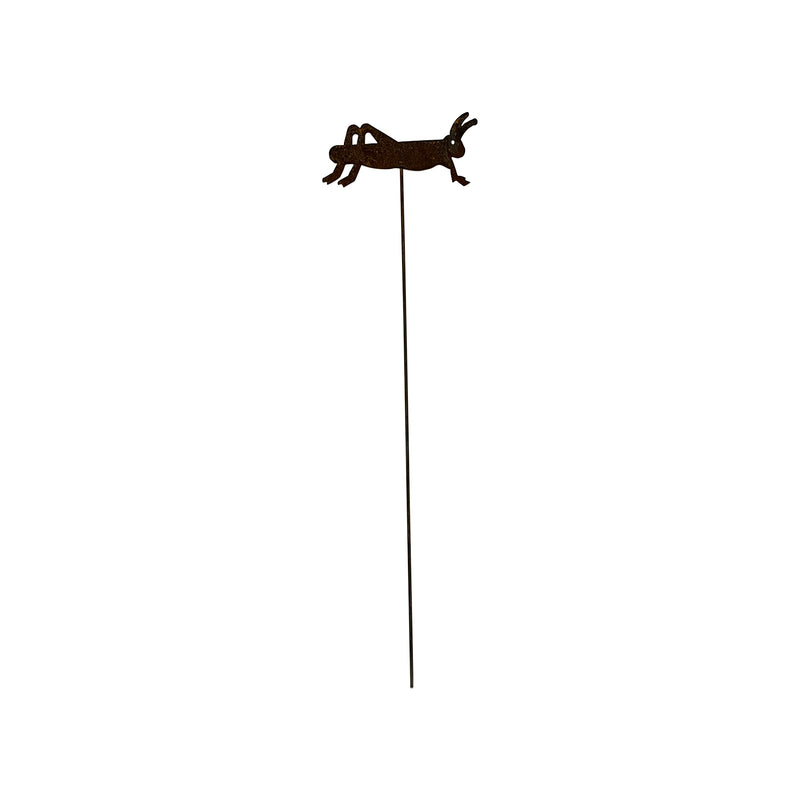 Rusted garden stake with grasshopper charm, crafted from durable metal. Ideal for rustic outdoor decor in gardens or flower beds.