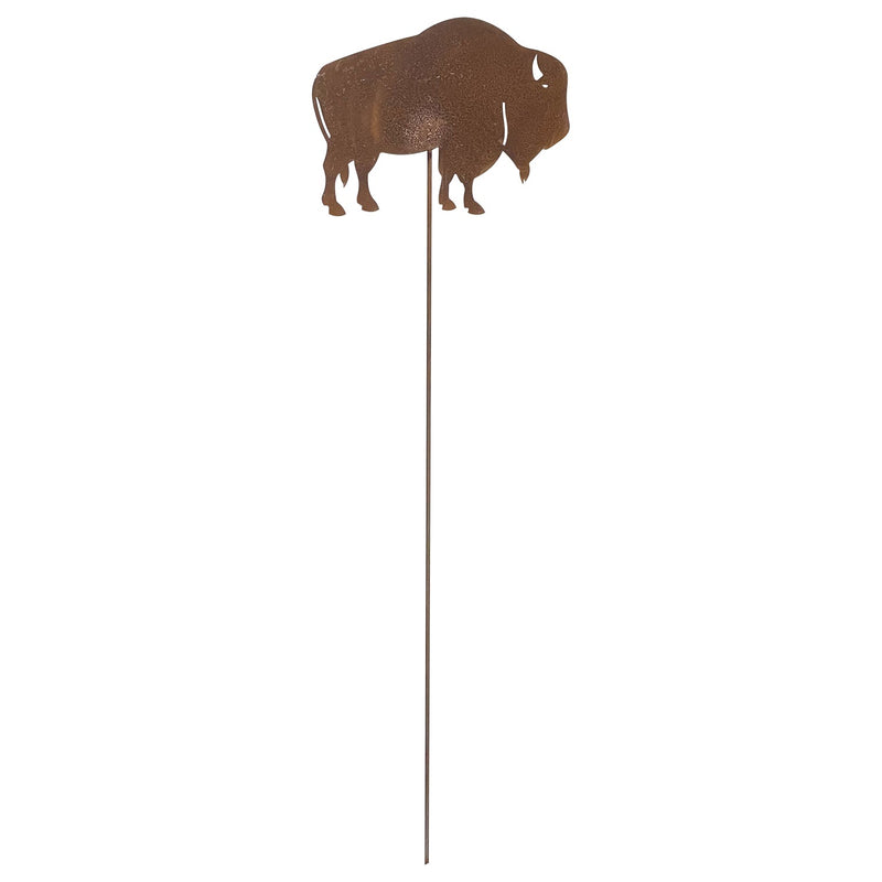 Buffalo Rusted Garden Stake featuring a silhouette of a buffalo in weathered metal finish, ideal for outdoor lawn decor or rustic garden accents.
