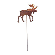 Moose rusted stake for outdoor decor featuring a weathered metal moose silhouette on a tall garden stake. Ideal for rustic lawn ornament displays.