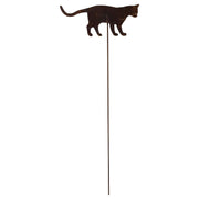 Cat At Play Rusted Garden Stake featuring a silhouette of a walking cat in weathered metal finish, ideal for outdoor lawn or garden decor.