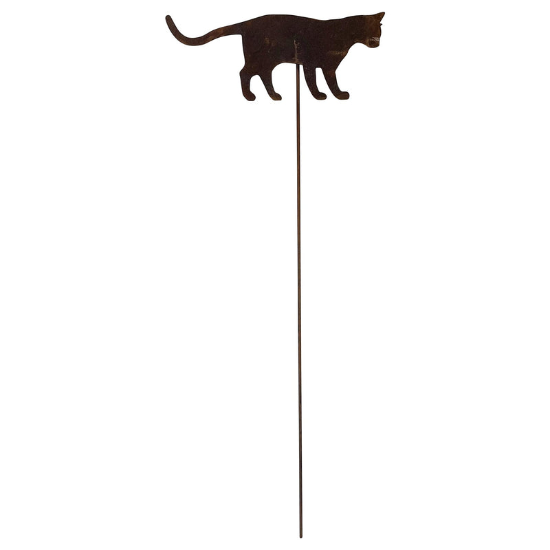 Cat At Play Rusted Garden Stake featuring a silhouette of a walking cat in weathered metal finish, ideal for outdoor lawn or garden decor.
