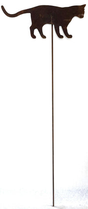 Rustic Cat At Play Garden Stake with a rusted metal cat silhouette on a long stake, perfect for adding charm to garden sculptures and lawn ornaments.