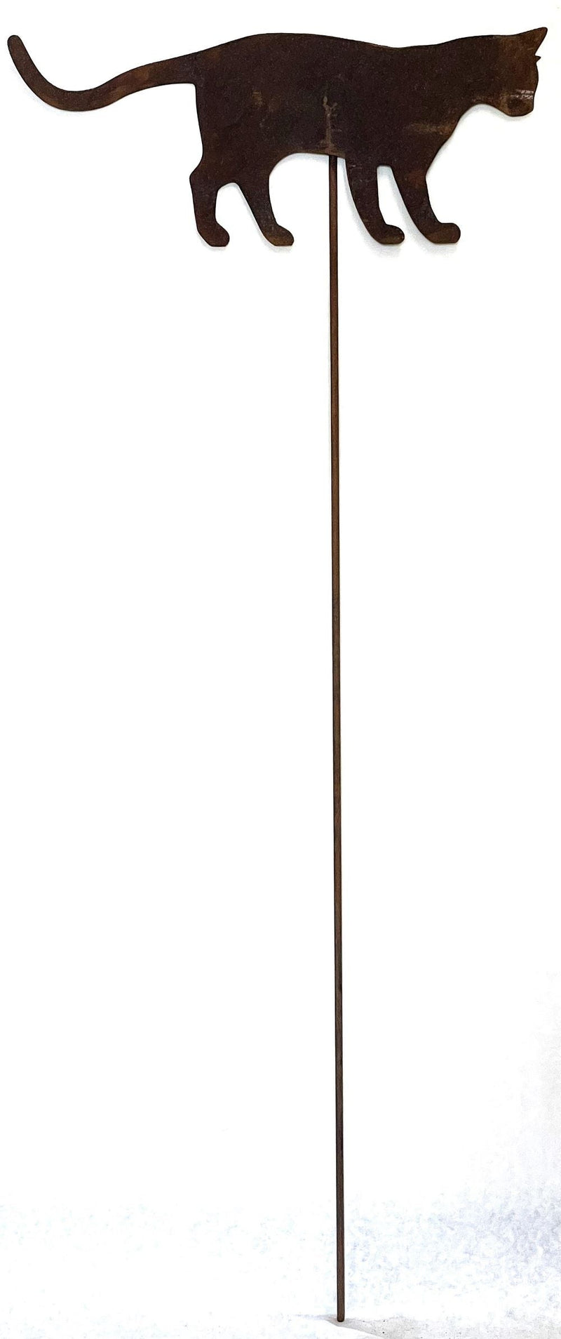 Rustic Cat At Play Garden Stake with a rusted metal cat silhouette on a long stake, perfect for adding charm to garden sculptures and lawn ornaments.