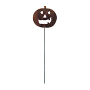 Pumpkin Garden Stake - Rustic Yard Decor with jack-o'-lantern face, ideal for autumn lawn decoration. Measures 30-35 inches tall and 7 3/4 inches wide.
