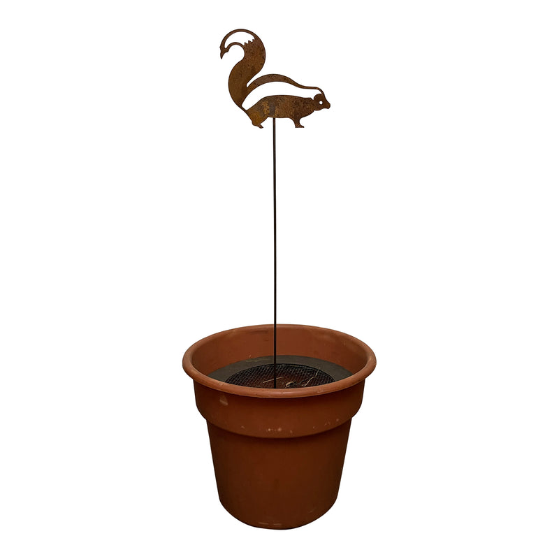 Skunk Design Garden Stake displayed in a flower pot, showcasing its 8x30-35x3/16 in. size and suitability for outdoor garden decor.