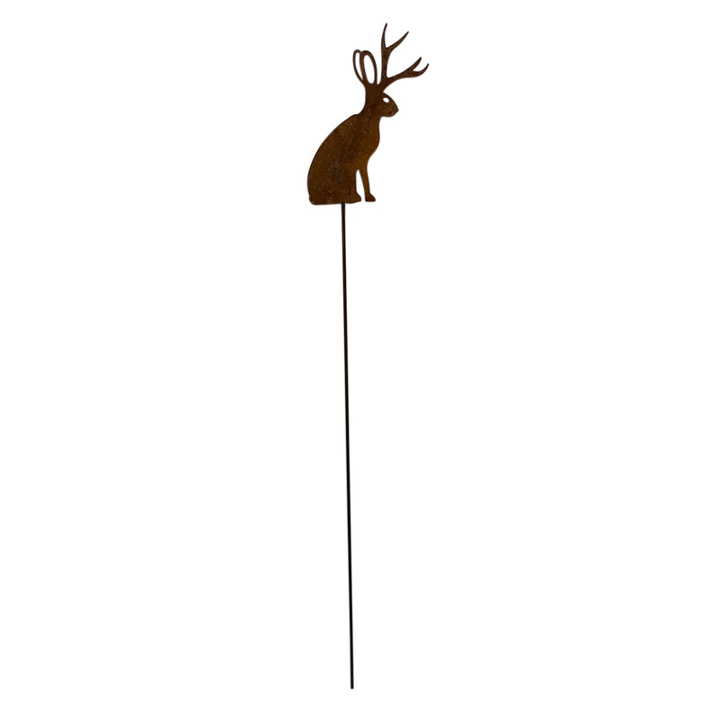 Jackalope Garden Stake - Outdoor Decor featuring a rusted metal jackalope silhouette on a tall stake, ideal for whimsical lawn ornament accents.