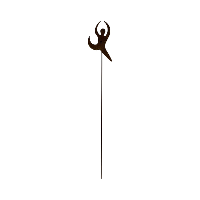 Rustic Dancer Garden Stake with abstract silhouette design, measuring 6 3/8 in. W x 30 in. H, ideal for outdoor rustic decor accents.