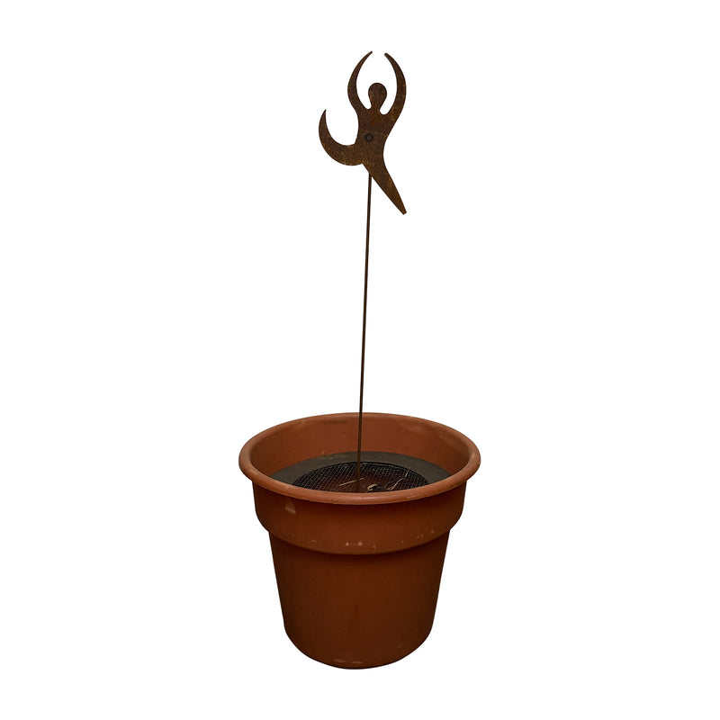 Rustic Dancer Garden Stake displayed in a planter, perfect for adding charm to patios or garden beds, 6 3/8 in. W x 30 in. H metal sculpture.