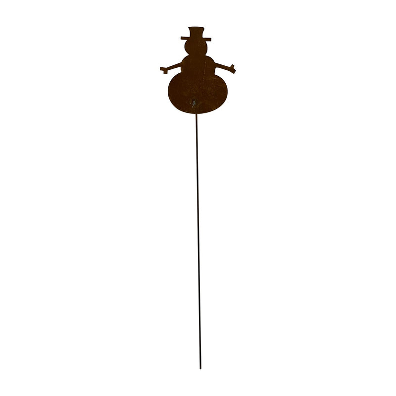 Snowman - Rusted Garden Stake featuring a rustic metal snowman silhouette with outstretched arms, ideal for outdoor Christmas decorations.