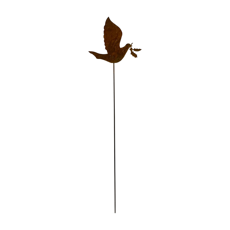 Dove rusted garden stake with olive branch, ideal for outdoor decor in lawns or flower beds, measuring 30-35 inches tall.
