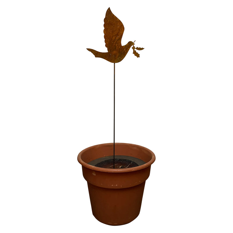 Dove rusted garden stake displayed in a planter pot, adds charming outdoor decor to patios, gardens, or entryways.