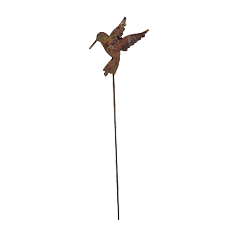 Hummingbird garden stake in rusted metal finish, 30-35 in. tall, ideal for lawn ornaments and outdoor garden decor.