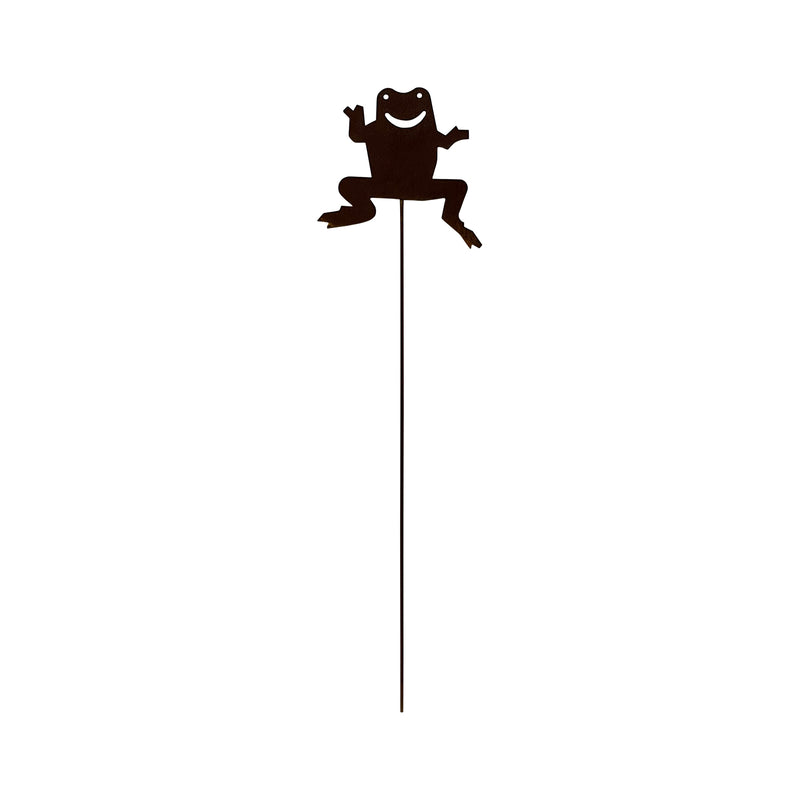 Garden Frog Stake - Decor | Metal Ornament for Outdoors featuring a black silhouette frog on a tall metal rod, ideal for garden decoration.