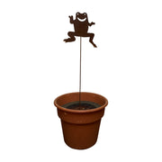 Decorative Garden Frog Stake - Decor | Metal Ornament for Outdoors shown in a planter, showcasing its 30-35 inch height and rustic metal finish.