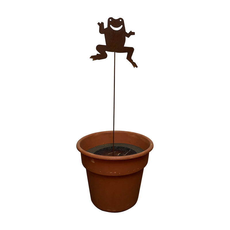 Decorative Garden Frog Stake - Decor | Metal Ornament for Outdoors shown in a planter, showcasing its 30-35 inch height and rustic metal finish.