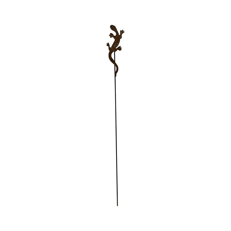 Rusted Salamander Garden Stake with a tall metal rod, ideal for outdoor decor in gardens or flower beds.