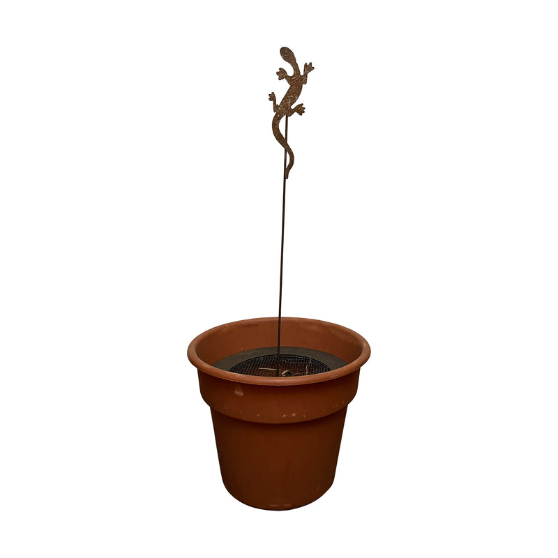 Rusted Salamander Garden Stake displayed in a terracotta pot, showcasing its use as durable outdoor garden decor.