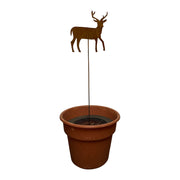Deer Garden Stake - Decorative Yard Art | Metal Stake placed in a flower pot, showcasing its suitability for patios and garden planters.