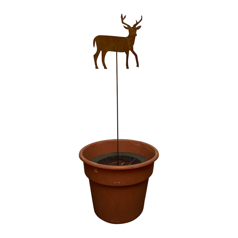 Deer Garden Stake - Decorative Yard Art | Metal Stake placed in a flower pot, showcasing its suitability for patios and garden planters.