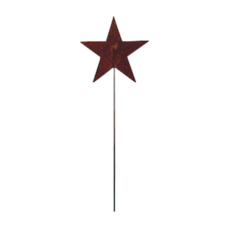Star Garden Stake - Decorative Garden Stakes featuring a rusted metal star on a tall rod, ideal for rustic outdoor lawn or garden decor.