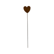 Rusted garden stake with heart design, measuring 30-35 inches tall, ideal for rustic outdoor decor in gardens or flower beds.