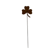 Shamrock Rusted Garden Stake with three-leaf clover design on a long metal rod, ideal for outdoor lawn or garden decor.