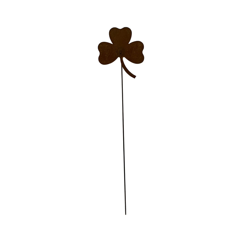 Shamrock Rusted Garden Stake with three-leaf clover design on a long metal rod, ideal for outdoor lawn or garden decor.