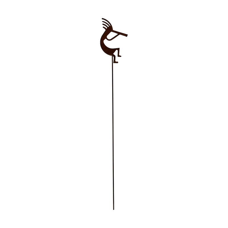 Kokopelli rusted garden stake with long metal rod, ideal for outdoor yard decor and lawn ornamentation.