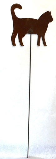 Rust-finished metal Cat Garden Stake with a minimalist feline design, perfect for enhancing garden beds and outdoor decorative themes.