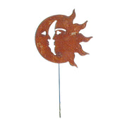 Rusted Sun Moon Garden Stake with celestial design, featuring a weathered finish for outdoor decor. Ideal for enhancing rustic garden themes.