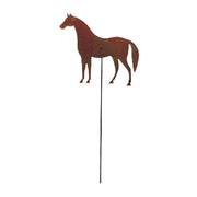 Horse rusted garden stake in metal silhouette design, ideal for outdoor lawn decor. Measures 9 3/4 in. W x 30-35 in. H x 3/16 in. D.