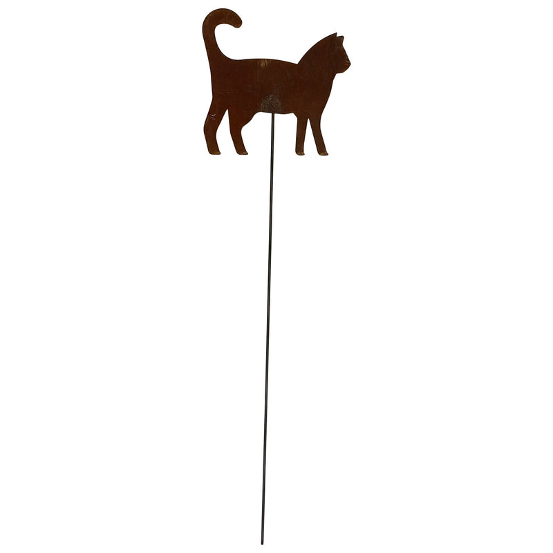 Cat Rusted Garden Stake featuring a silhouette of a standing cat with a curled tail, ideal for outdoor lawn decor and rustic garden accents.