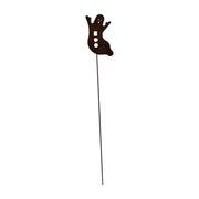 Rusted ghost garden stake with 'BOO' cutout, ideal for rustic garden decor and Halloween-themed outdoor displays.