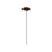Fish rusted garden stake with silhouette design, ideal for outdoor decor in lawns or flower beds. Measures 8 In. W x 30-35 In. H.