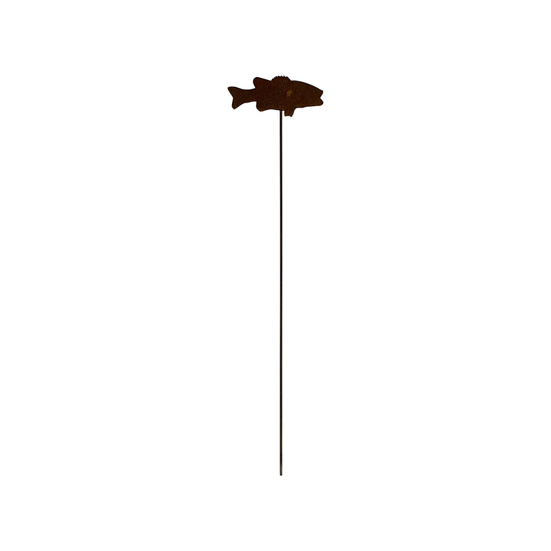 Fish rusted garden stake with silhouette design, ideal for outdoor decor in lawns or flower beds. Measures 8 In. W x 30-35 In. H.