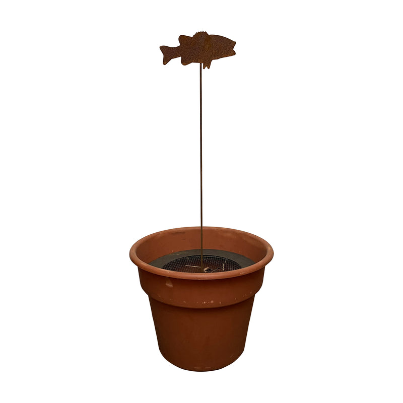 Rusted fish garden stake displayed in a terracotta pot, great for adding character to patios, gardens, or planters.