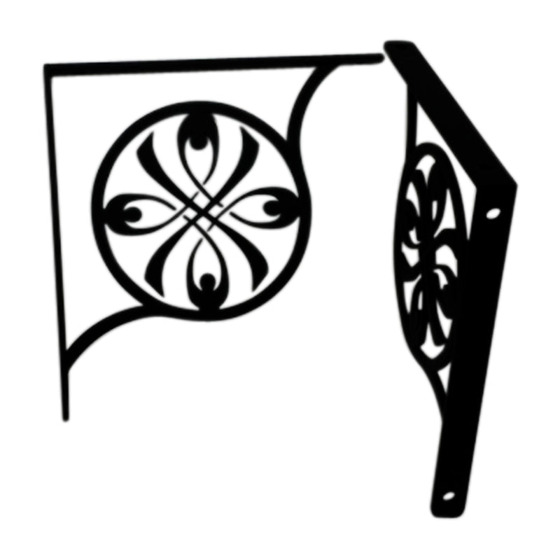 Decorative small ribbon shelf bracket in black with circular scroll design, ideal for 5 1/4 in. shelving support in home or office spaces.