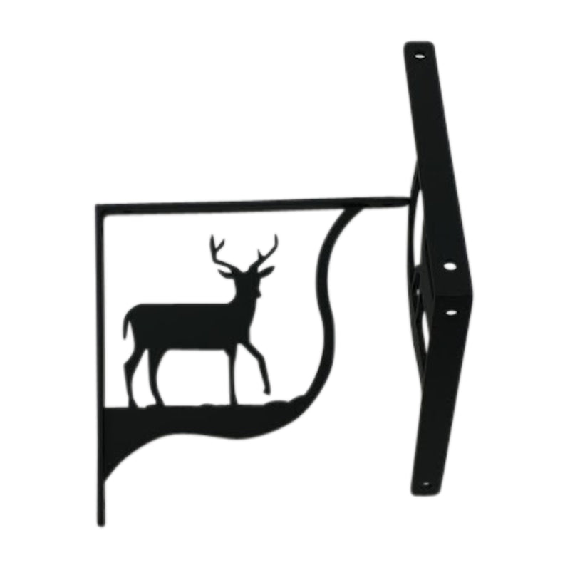 Small shelf bracket with deer silhouette design in black metal, ideal for 5 1/4 in. compact shelving in home or office décor.