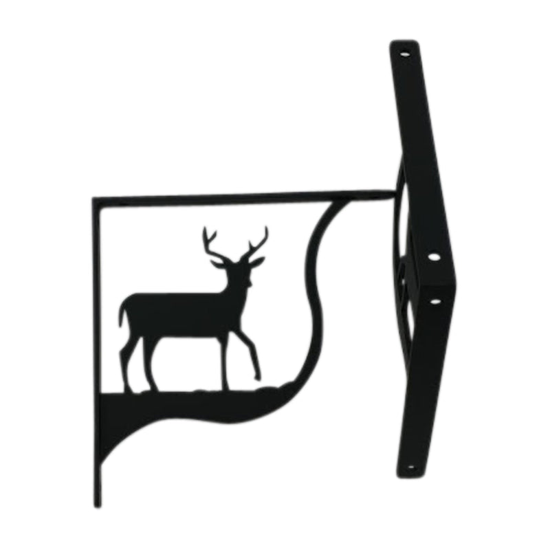 Black metal Deer Shelf Bracket Medium featuring a silhouette of a deer, ideal for rustic home or office shelving decor.