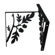 Small Acorn shelf bracket in black metal with decorative oak leaf and acorn design, measuring 5 1/4 in. H x 5 1/4 in. D for sturdy shelf support.
