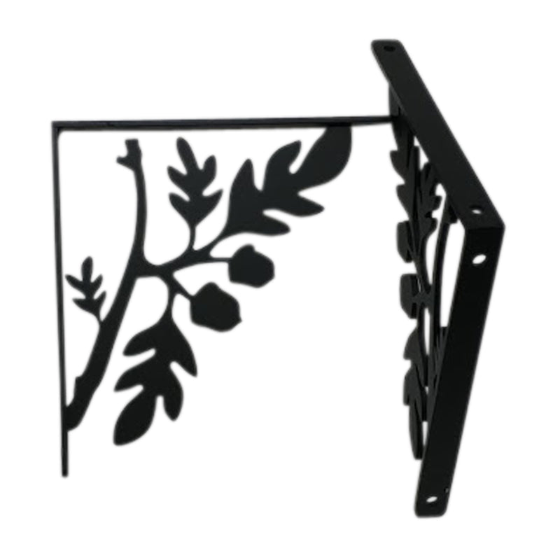 Small Acorn shelf bracket in black metal with decorative oak leaf and acorn design, measuring 5 1/4 in. H x 5 1/4 in. D for sturdy shelf support.