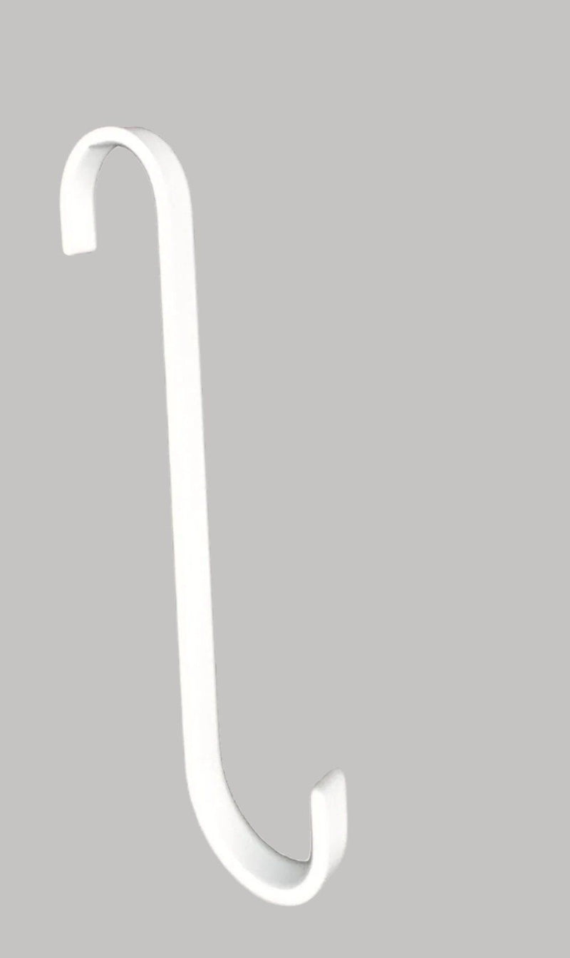 Angled view of S Hook 7 Inch WHITE, showcasing its durable metal design for versatile use in household or garage storage solutions.