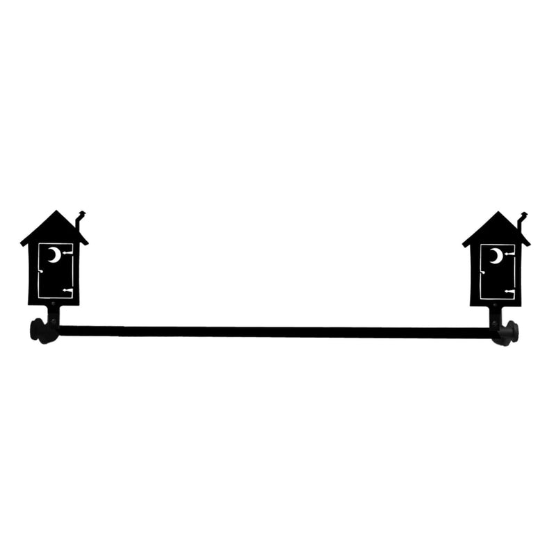 Outhouse Towel Bar with compact 18 in. design featuring two black outhouse silhouettes on each end. Ideal for small bathrooms or rustic decor.