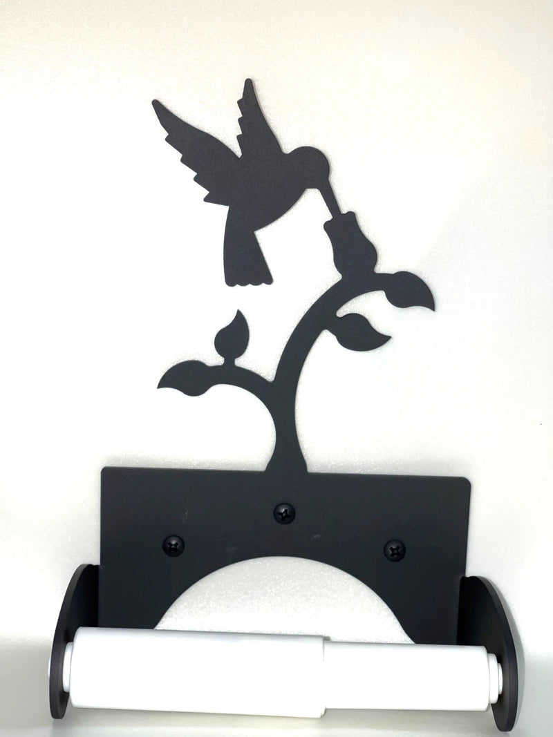 Wall-mounted Hummingbird Toilet Tissue Holder and Roll in black metal with nature-inspired design, stylish addition to bathroom accessories.