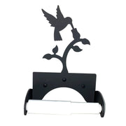 Hummingbird Toilet Tissue Holder and Roll featuring a black metal silhouette of a hummingbird feeding from a flower, ideal for bathroom decor.