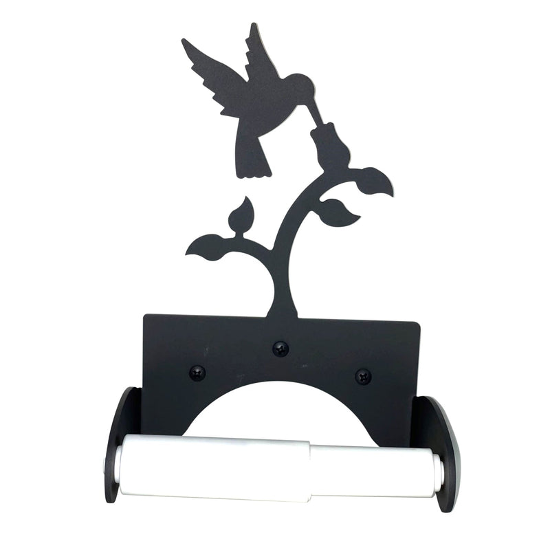Hummingbird Toilet Tissue Holder and Roll featuring a black metal silhouette of a hummingbird feeding from a flower, ideal for bathroom decor.