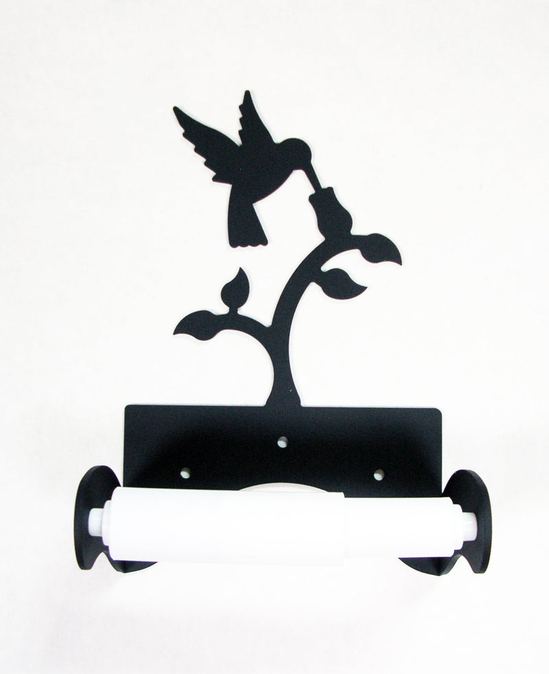Decorative Hummingbird Toilet Tissue Holder and Roll with floral design in black metal, perfect for enhancing bathroom accessories in home & garden.